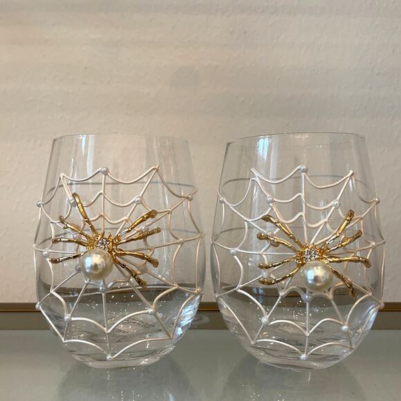 Gorgeous Halloween Jeweled Spider on Web w/ Pearl Stemless Wine Glass Set of 2 - Picture 9 of 15